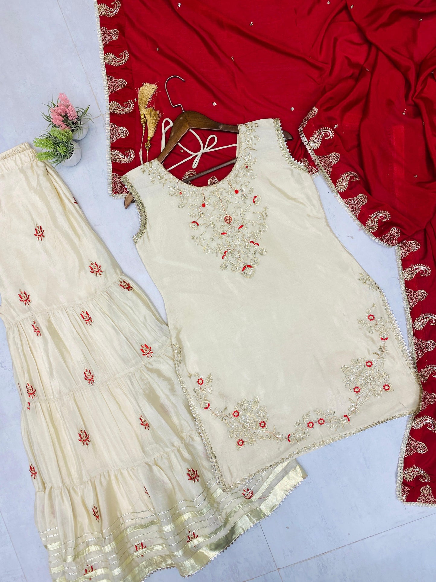 Trendy Cream Color Embroidery Work Full Stitched Sharara Suit