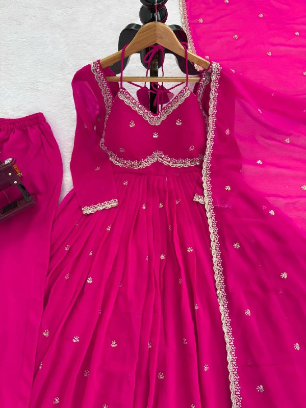 Vibrant Pink Embroidered Georgette Anarkali Suit with Dupatta