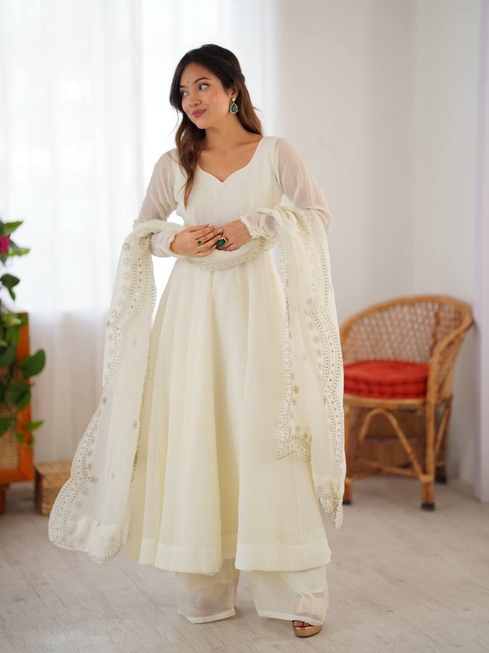 White Anarkali Gown in Fendi Silk With Sequence Embroidery Dupatta  Luxure  Stitch