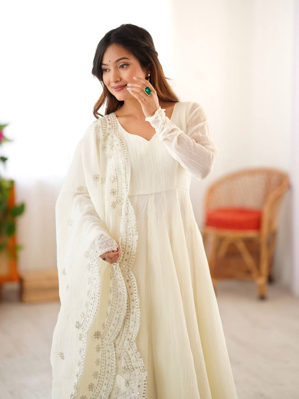 White Anarkali Gown in Fendi Silk With Sequence Embroidery Dupatta