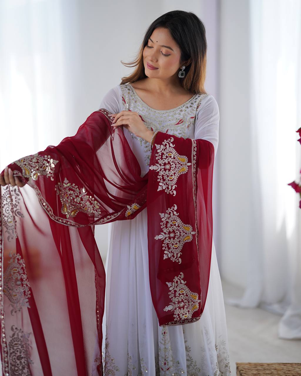 White Embroidered Anarkali Suit with Maroon Dupatta for Wedding
