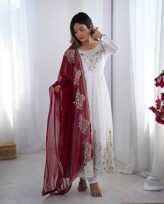 White Embroidered Anarkali Suit with Maroon Dupatta for Wedding