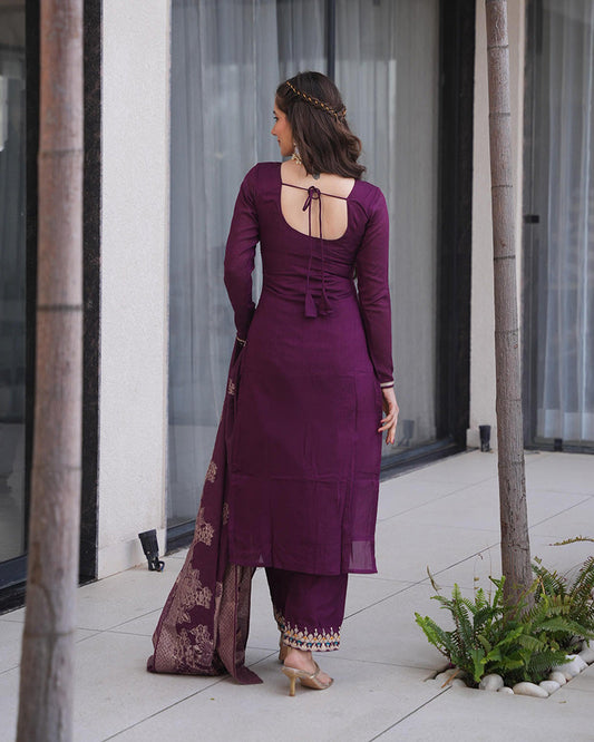 Wine Color Roman Silk Embroidered Three Piece Palazzo Suit Set