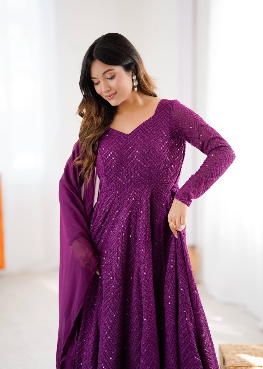 Wine Color Georgette Lucknowi Three Piece Anarkali Suit