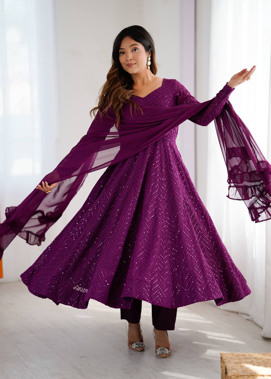 Wine Color Georgette Lucknowi Three Piece Anarkali Suit