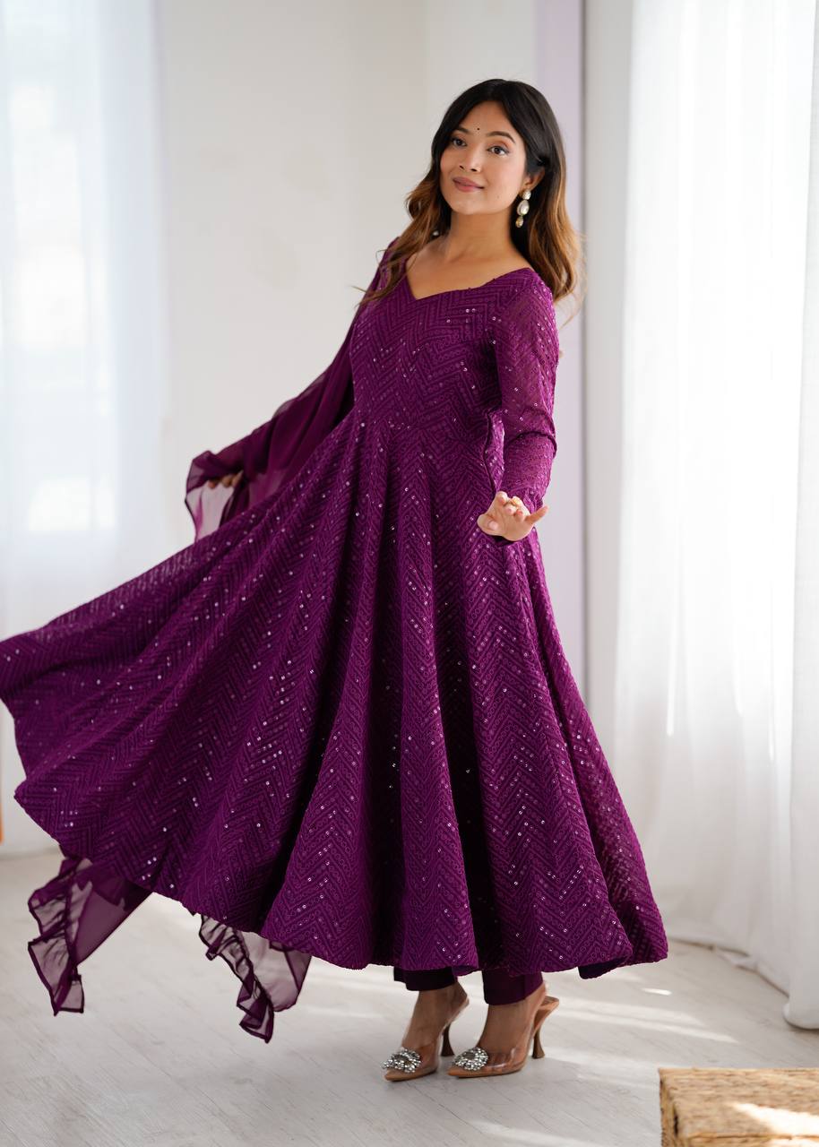 Wine Color Georgette Lucknowi Three Piece Anarkali Suit