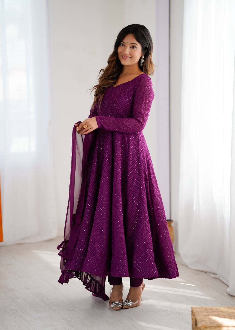 Wine Color Georgette Lucknowi Three Piece Anarkali Suit