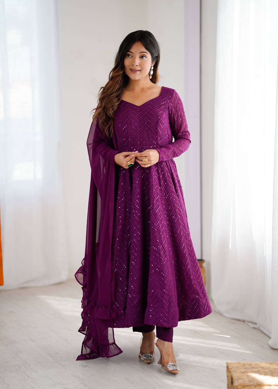 Wine Color Georgette Lucknowi Three Piece Anarkali Suit