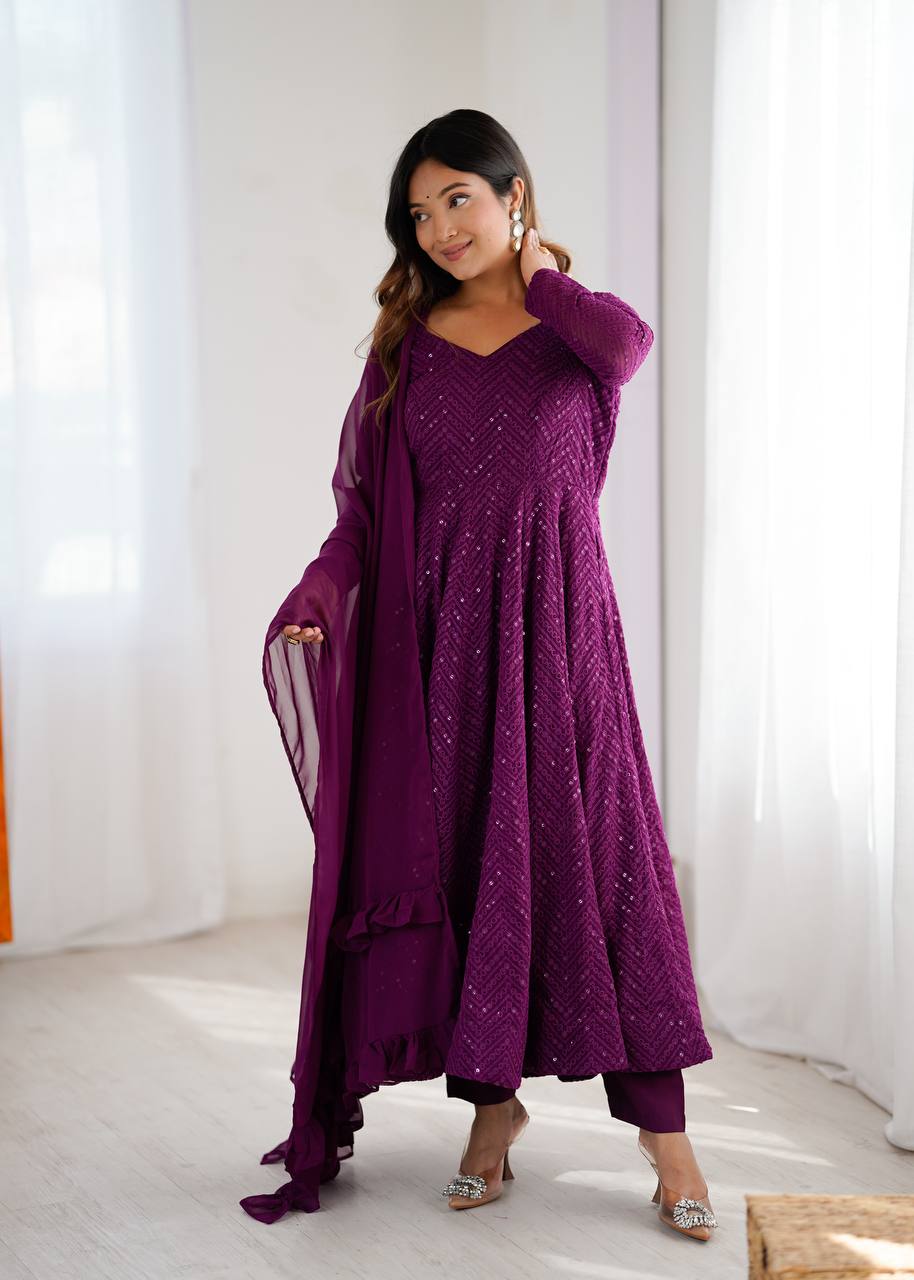 Wine Color Georgette Lucknowi Three Piece Anarkali Suit