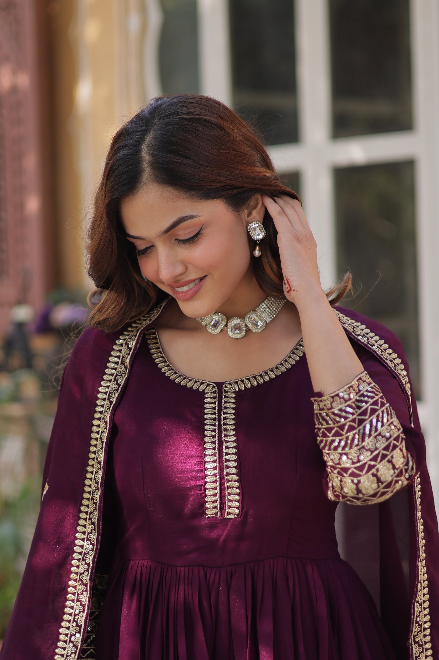 Wine Embroidered Anarkali Dress