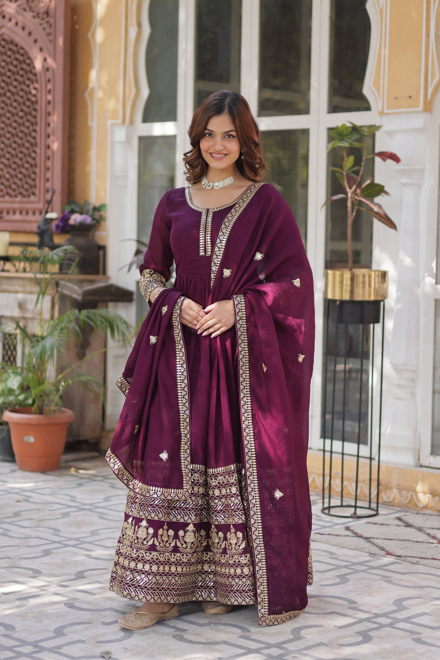 Wine Embroidered Anarkali Dress