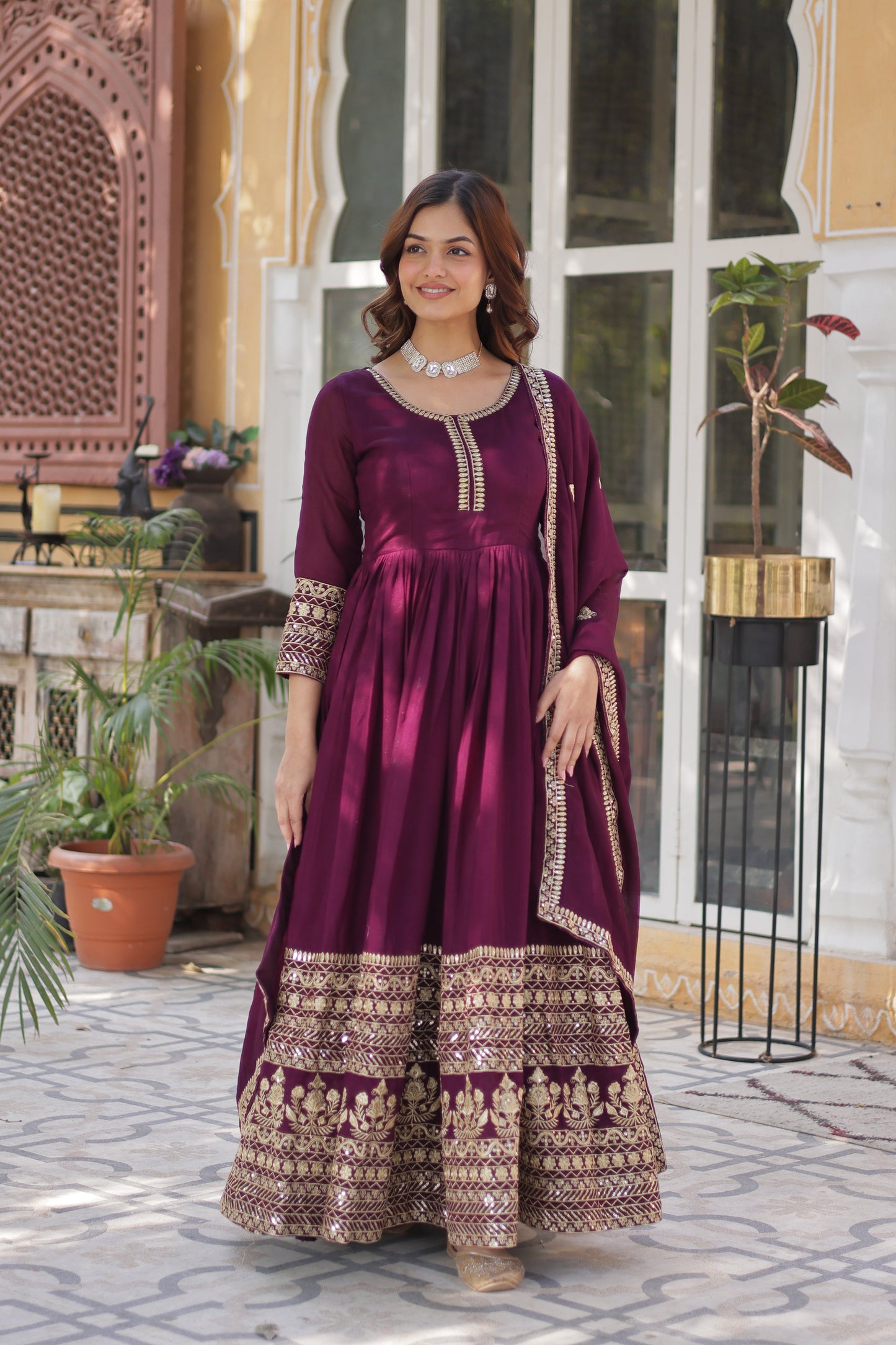 Wine Embroidered Anarkali Dress