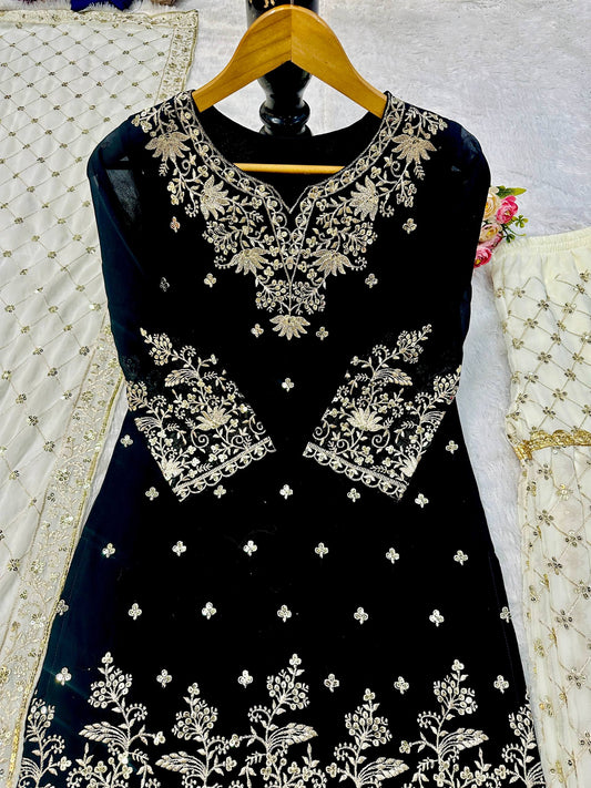 Women’s Designer Black Georgette Heavy Embroidered Sharara Suit For Festive & Partywear