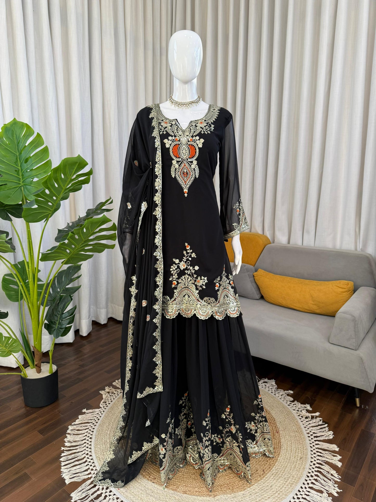 Zunaira Black Georgette Regular Fit Embroidered Kurta And Palazzo With Dupatta