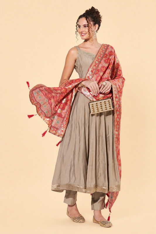 Beige Embellished Anarkali Suit with Foil Print Dupatta For Women