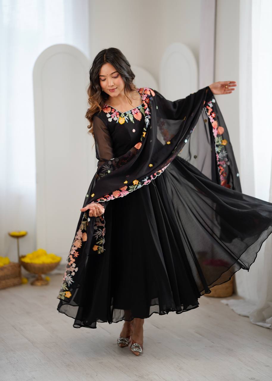 Black Floral Embroidered Anarkali Suit Set for Party Wear