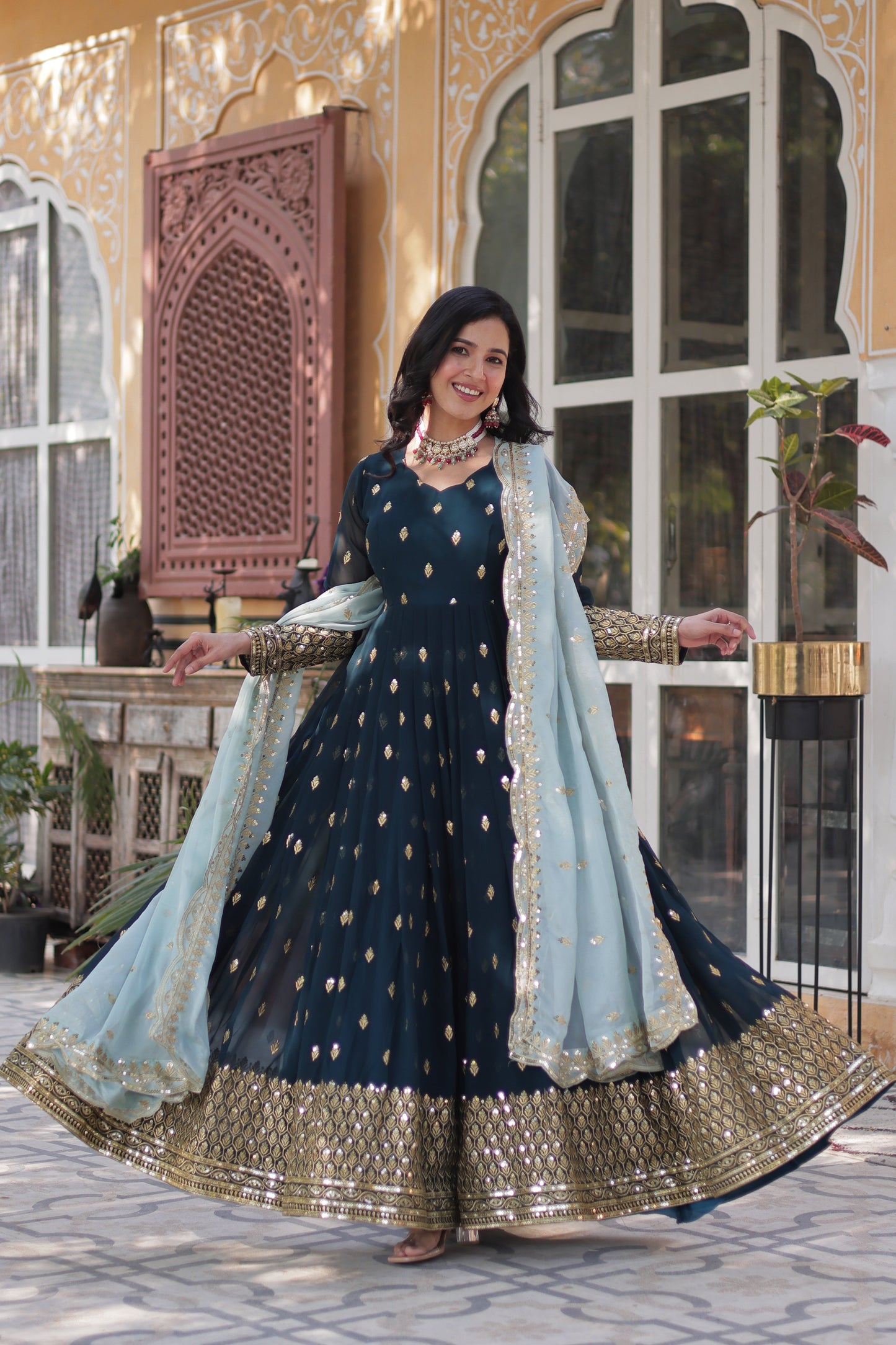 blue georgette embroidered gown with dupatta