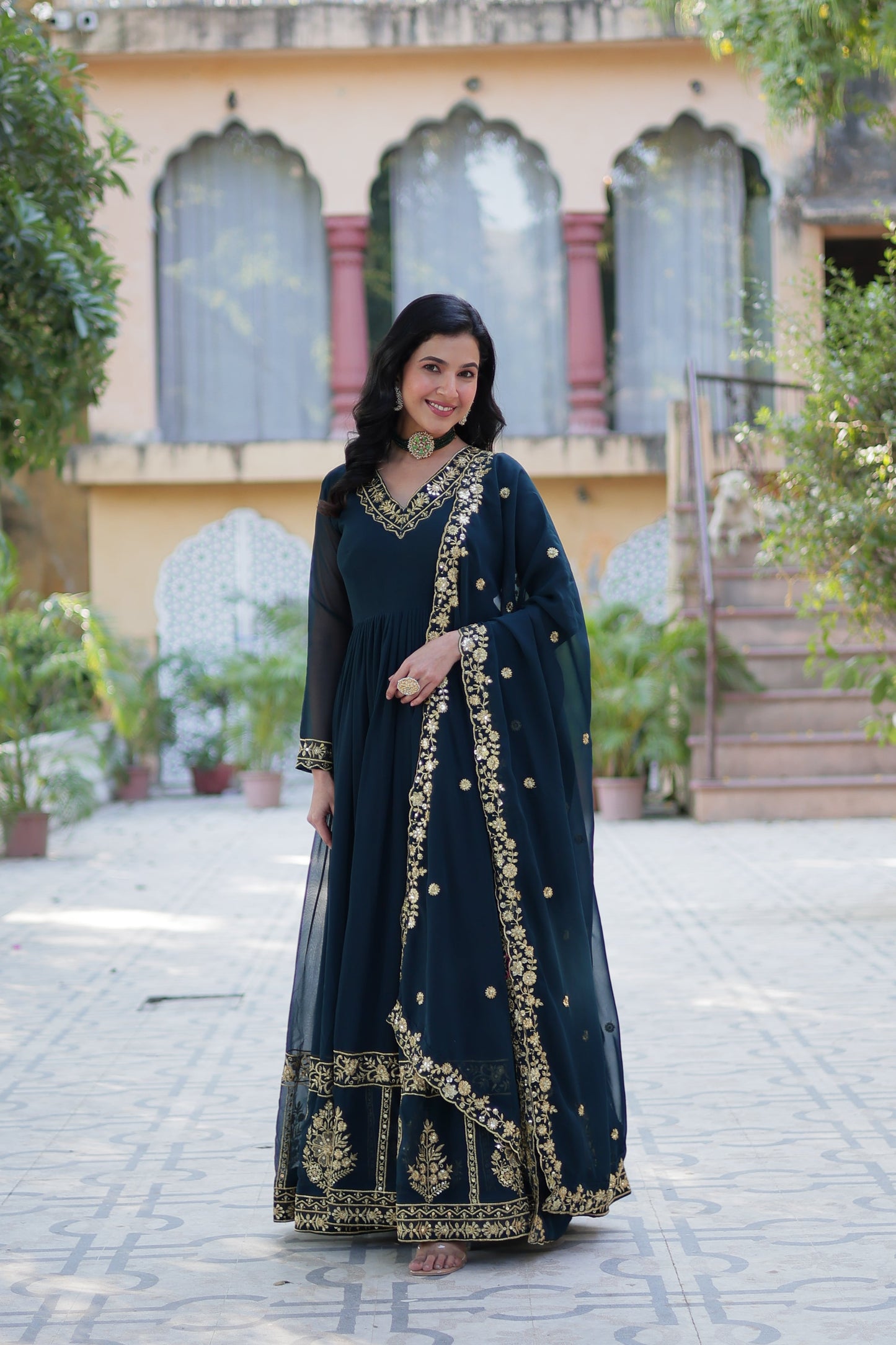 blue georgette gown with dupatta