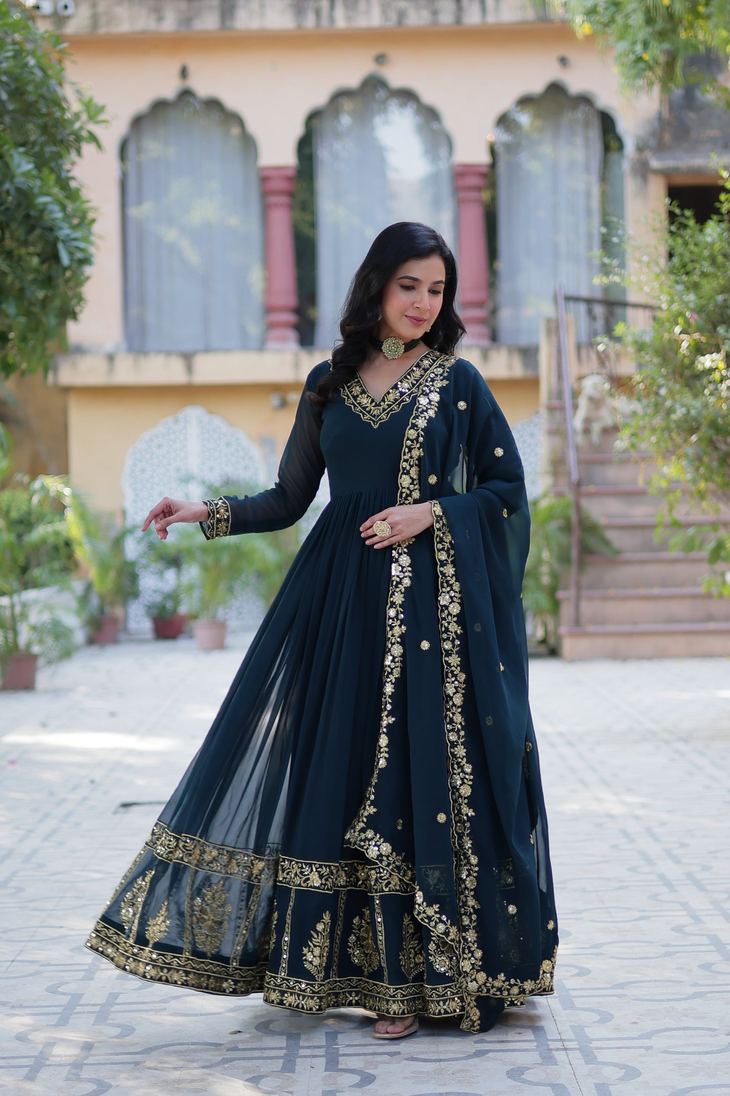 blue georgette gown with dupatta