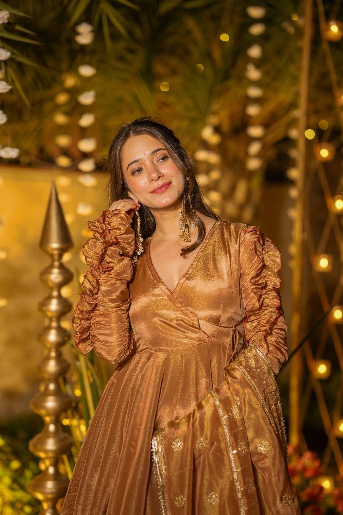 Copper Gold Anarkali Suit Set with Dupatta