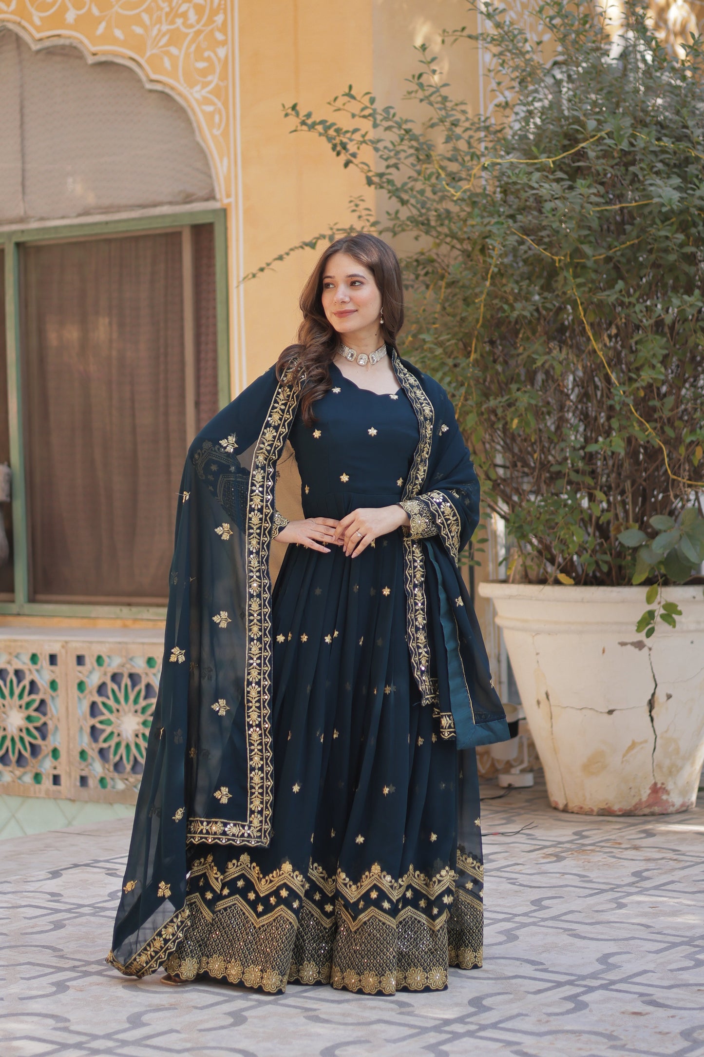 Dark Green Georgette Embroidered Gown With Dupatta