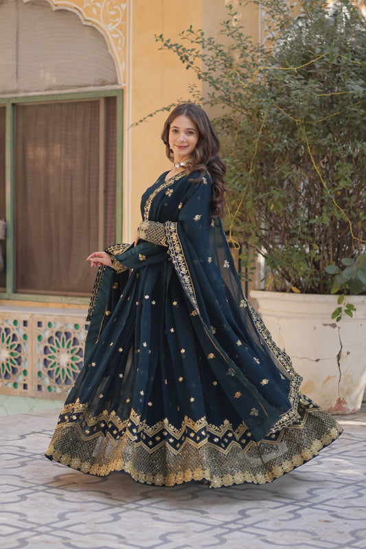 Dark Green Georgette Embroidered Gown With Dupatta