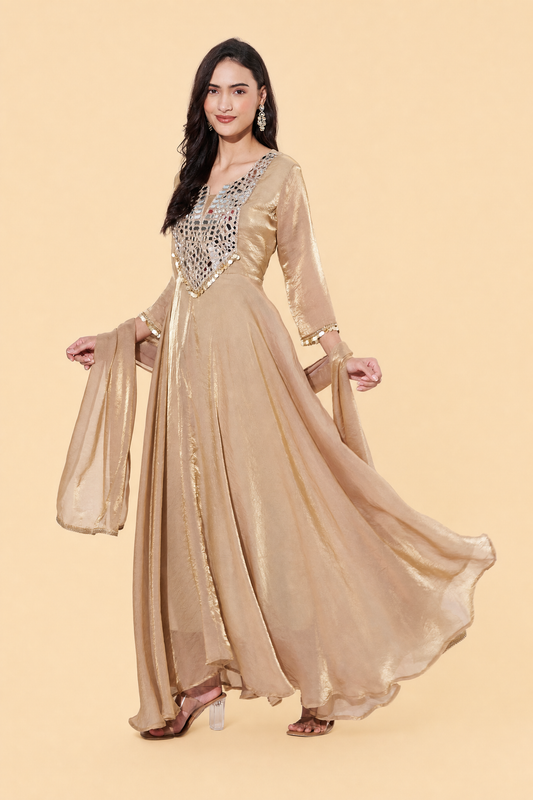 Gold Mirror Work Flared Anarkali Suit Set for Wedding