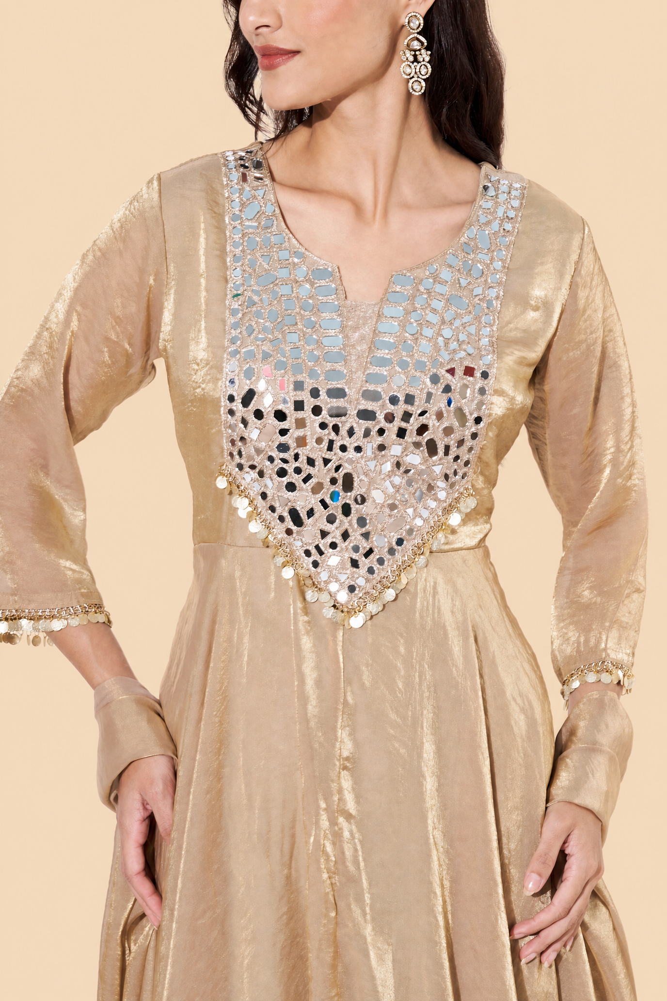 Gold Mirror Work Flared Anarkali Suit Set for Wedding