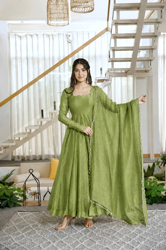 Olive Green Sequin Anarkali Suit with Dupatta for Mehendi
