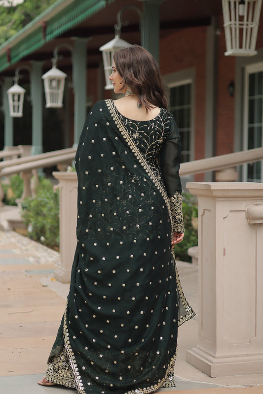 Green Silk Embroidered Gharara Suit