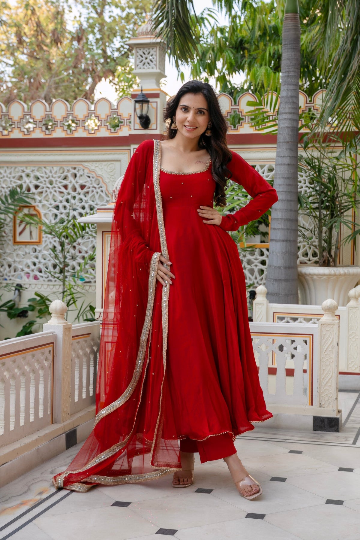 Karwa Chauth Special Red Flared Anarkali Suit with Gold Trim Dupatta