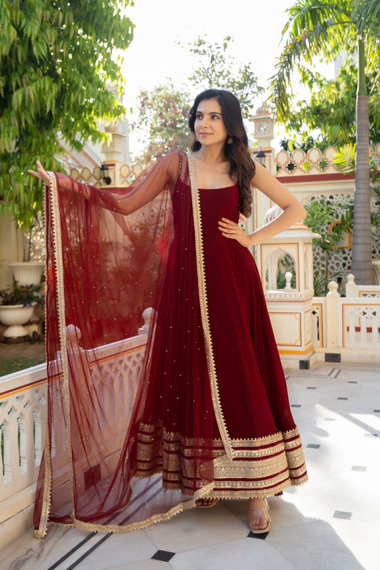 Maroon Anarkali Gown with Gold Lace Daman & Dupatta