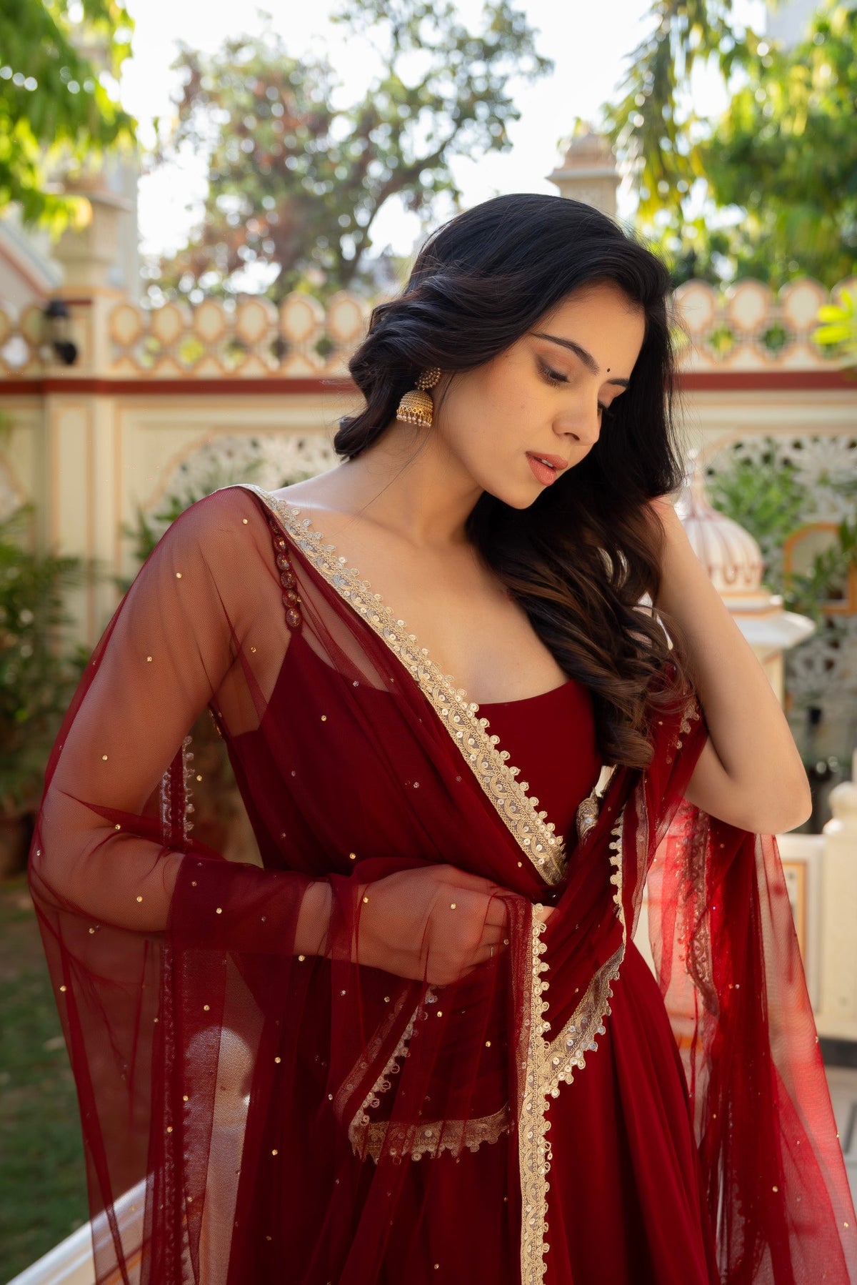 Maroon Anarkali Gown with Gold Lace Daman & Dupatta
