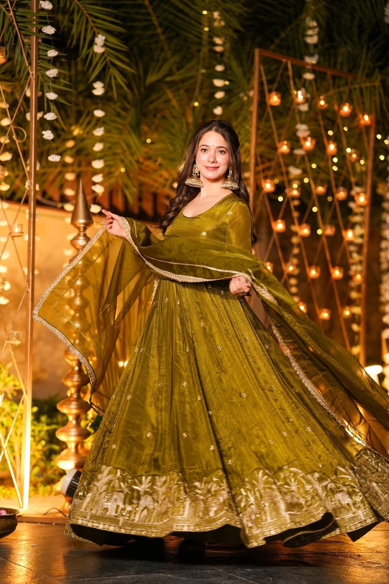 Mehendi Green Flared Anarkali Suit with Dupatta for Wedding & Festive
