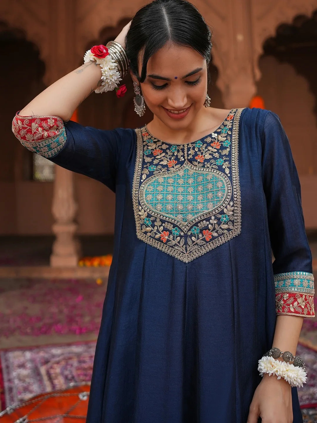 Navy Blue Embroidered Anarkali Suit Set with Teal Heavy Work Dupatta for Festive