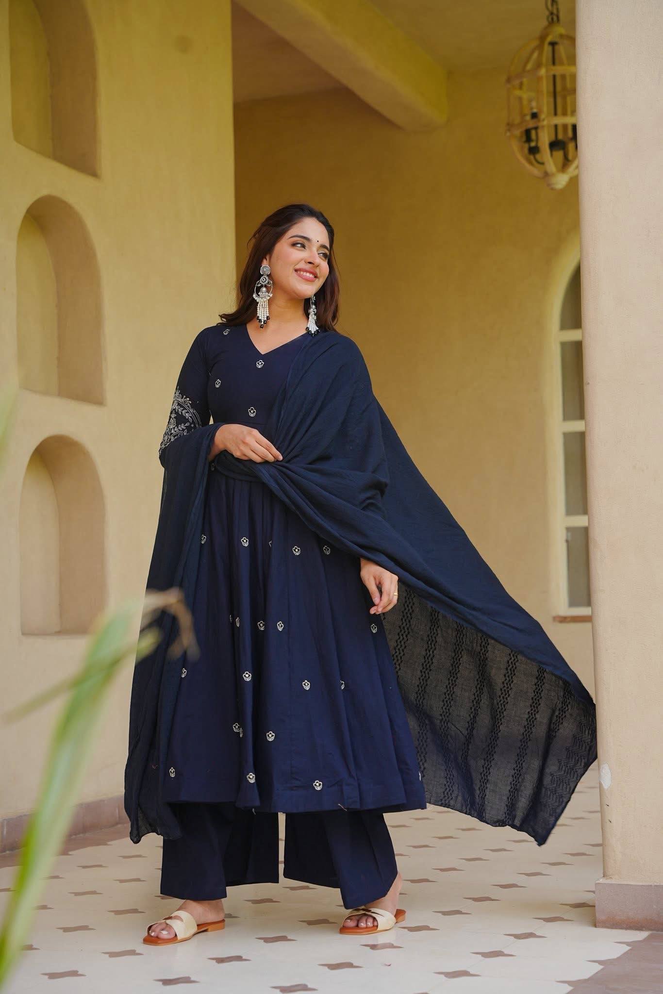 Navy Blue Embroidered Anarkali Suit with Dupatta for Casual Wear