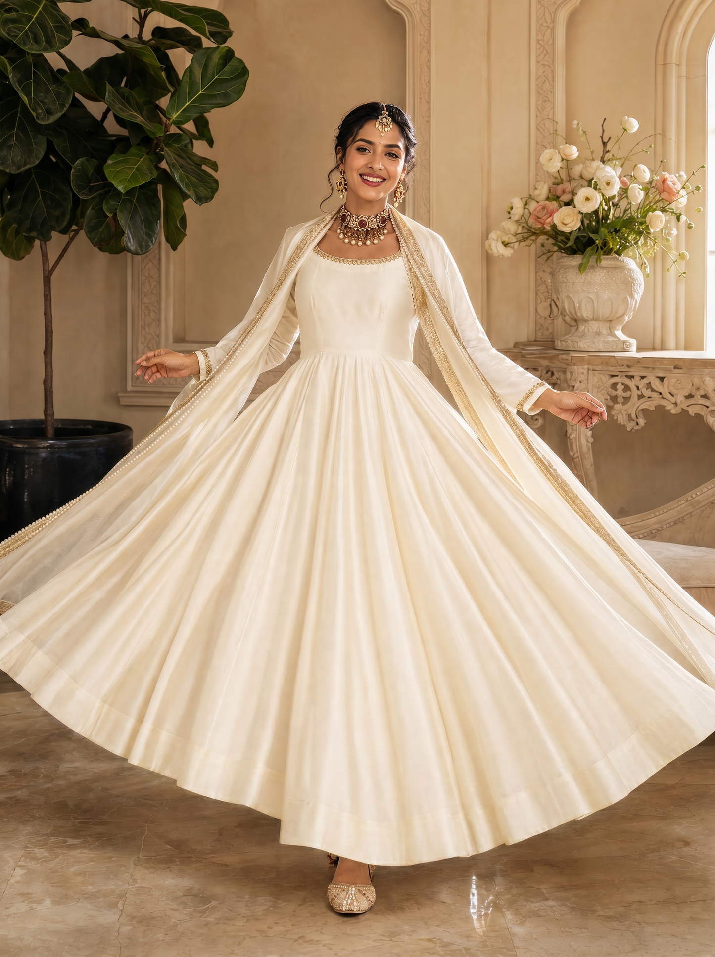 Off-White Anarkali Suit with Gold Border Dupatta for Wedding