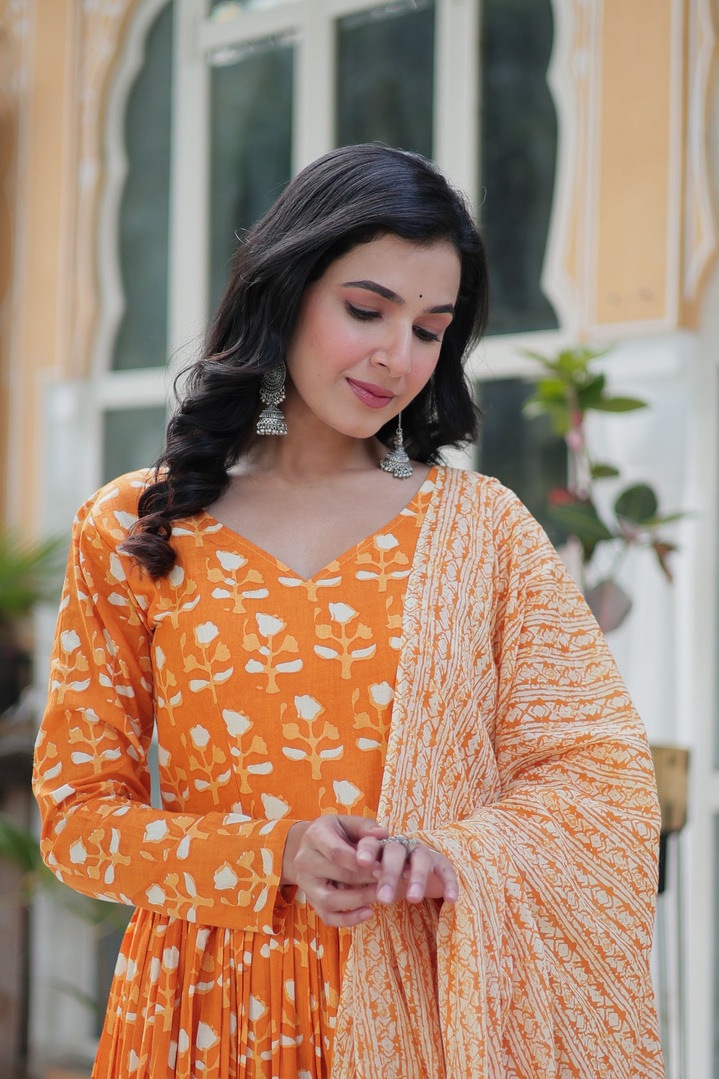 orange cotton kurta sets with dupatta