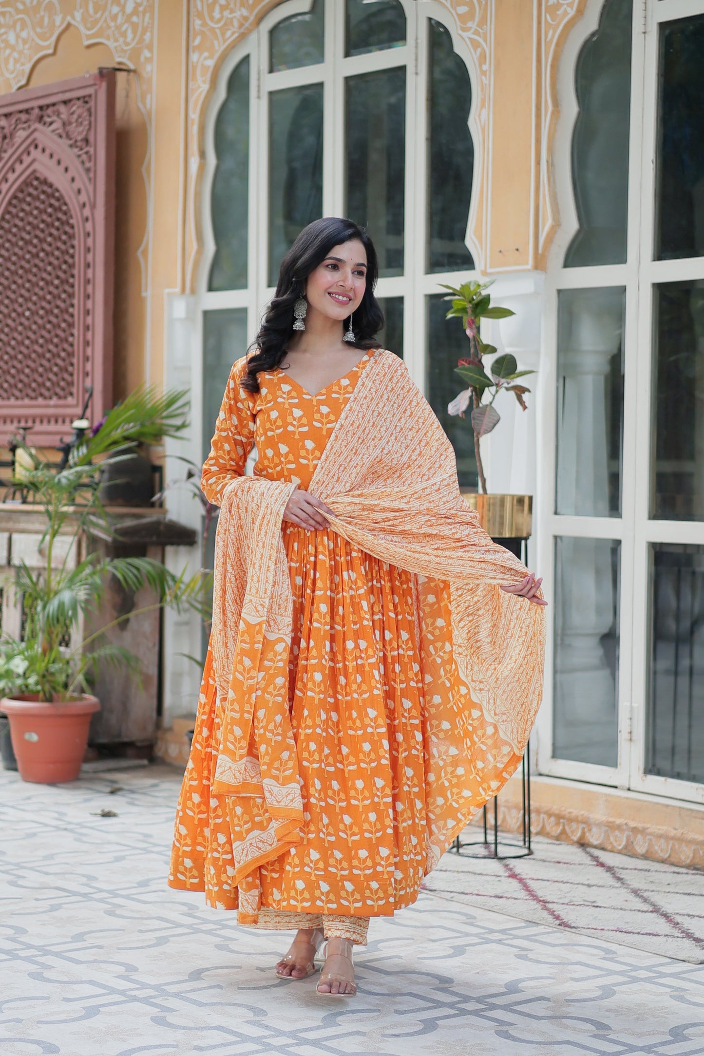 orange cotton kurta sets with dupatta