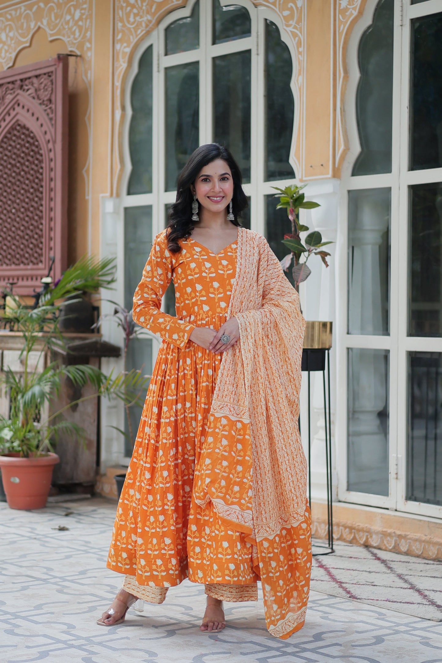 orange cotton kurta sets with dupatta