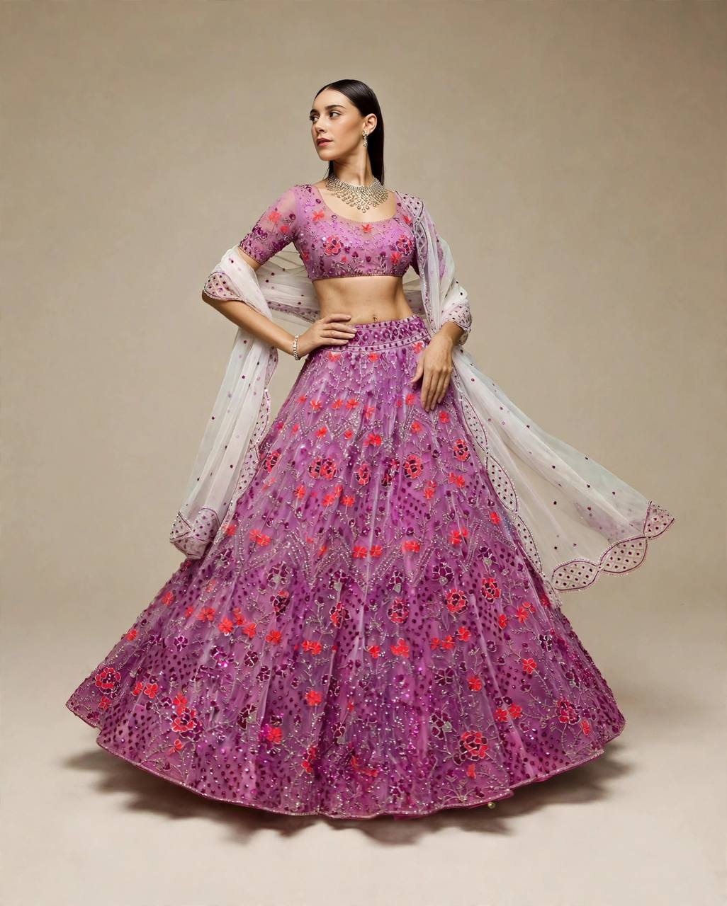 Purple Floral Sequins Work Butterfly Net Lehenga Choli With Dupatta