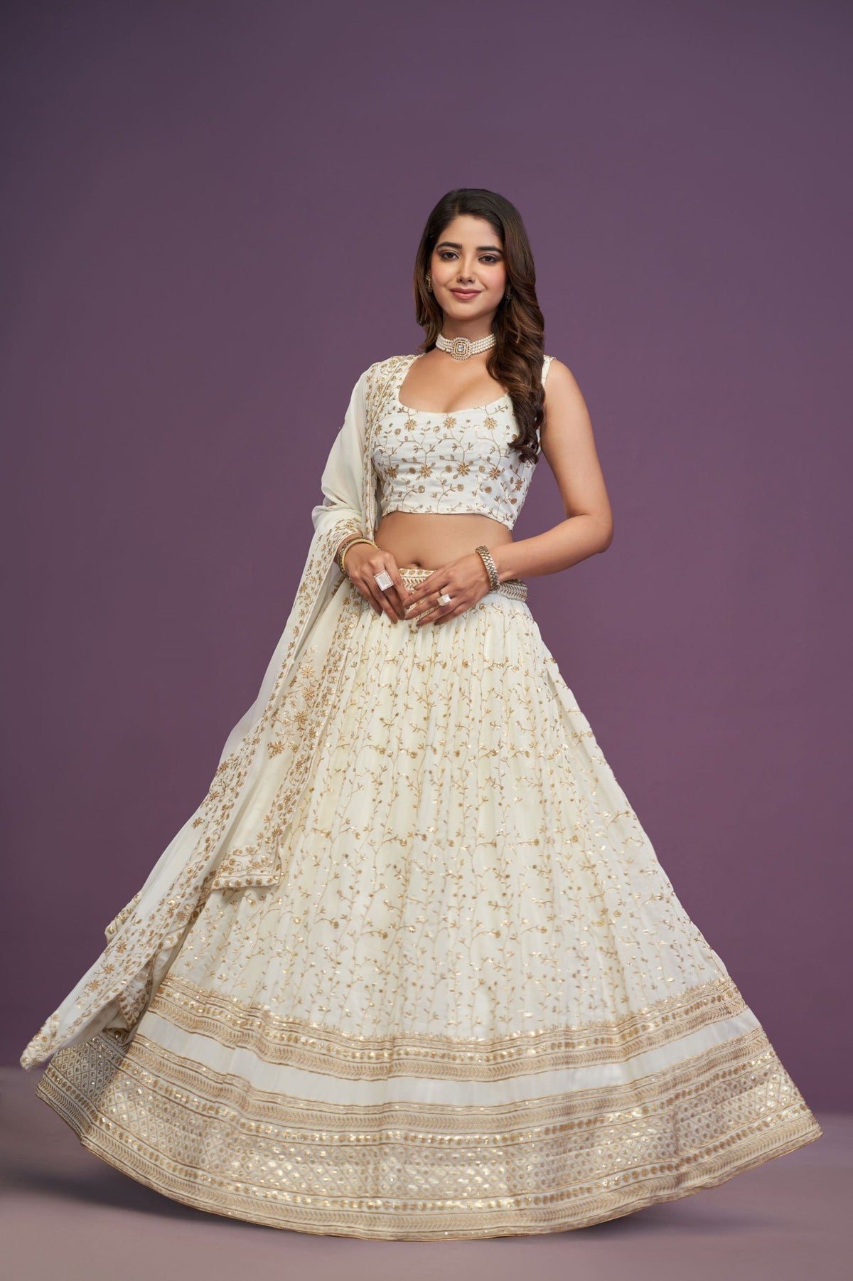 Off-White Zari Sequins Work Georgette Lehenga Choli With Dupatta