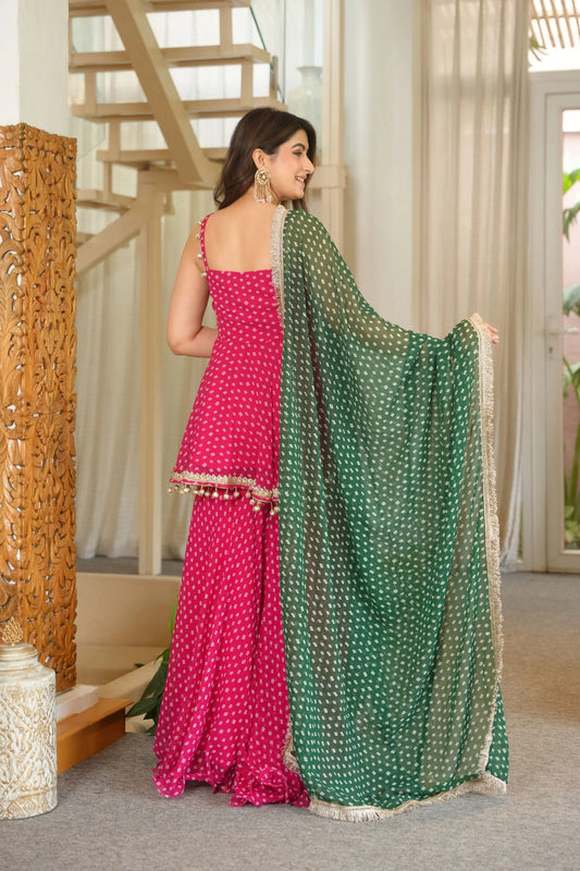 Pink Bandhani Print Peplum Sharara Suit with Green Dupatta