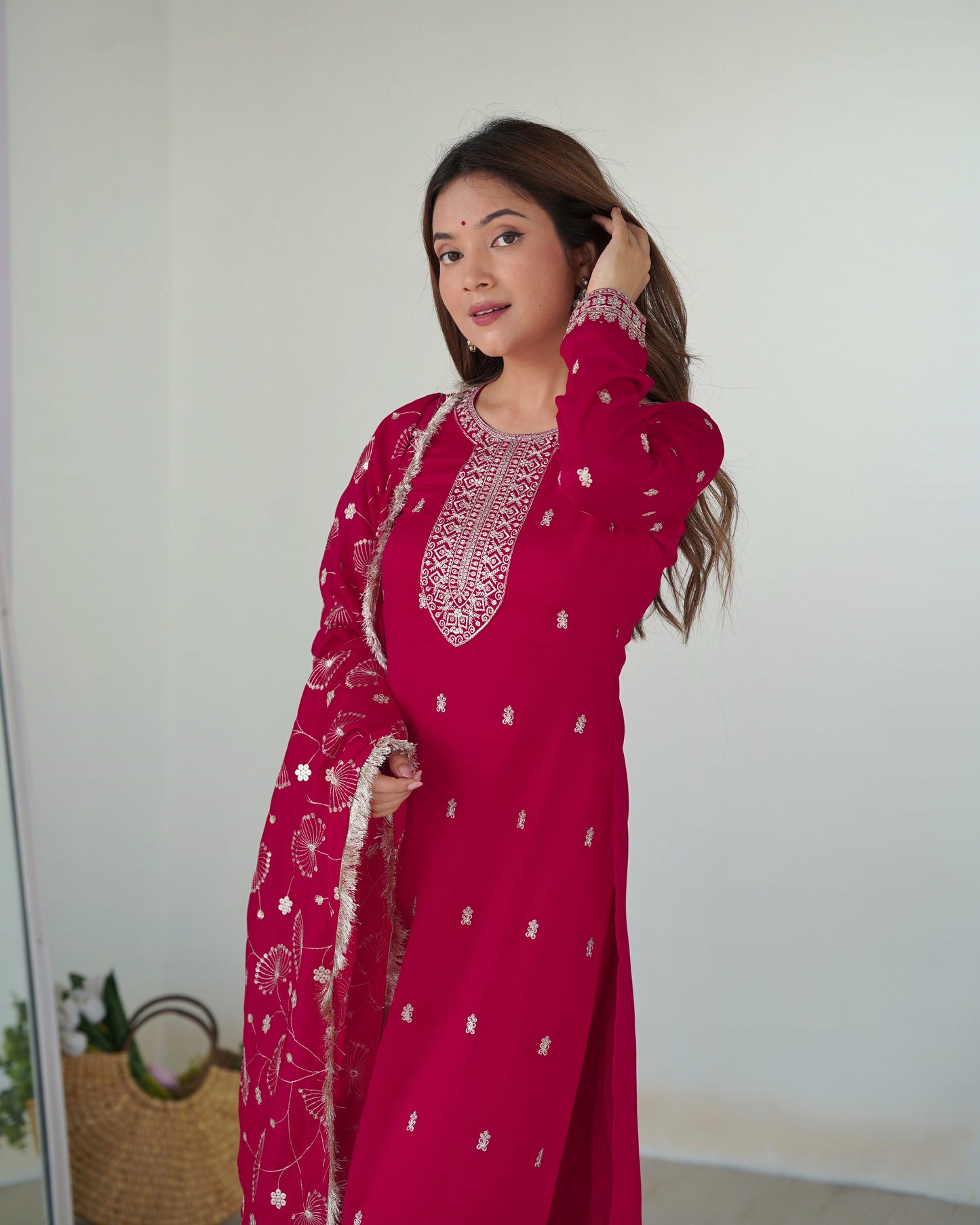 pink embroidered kurta set