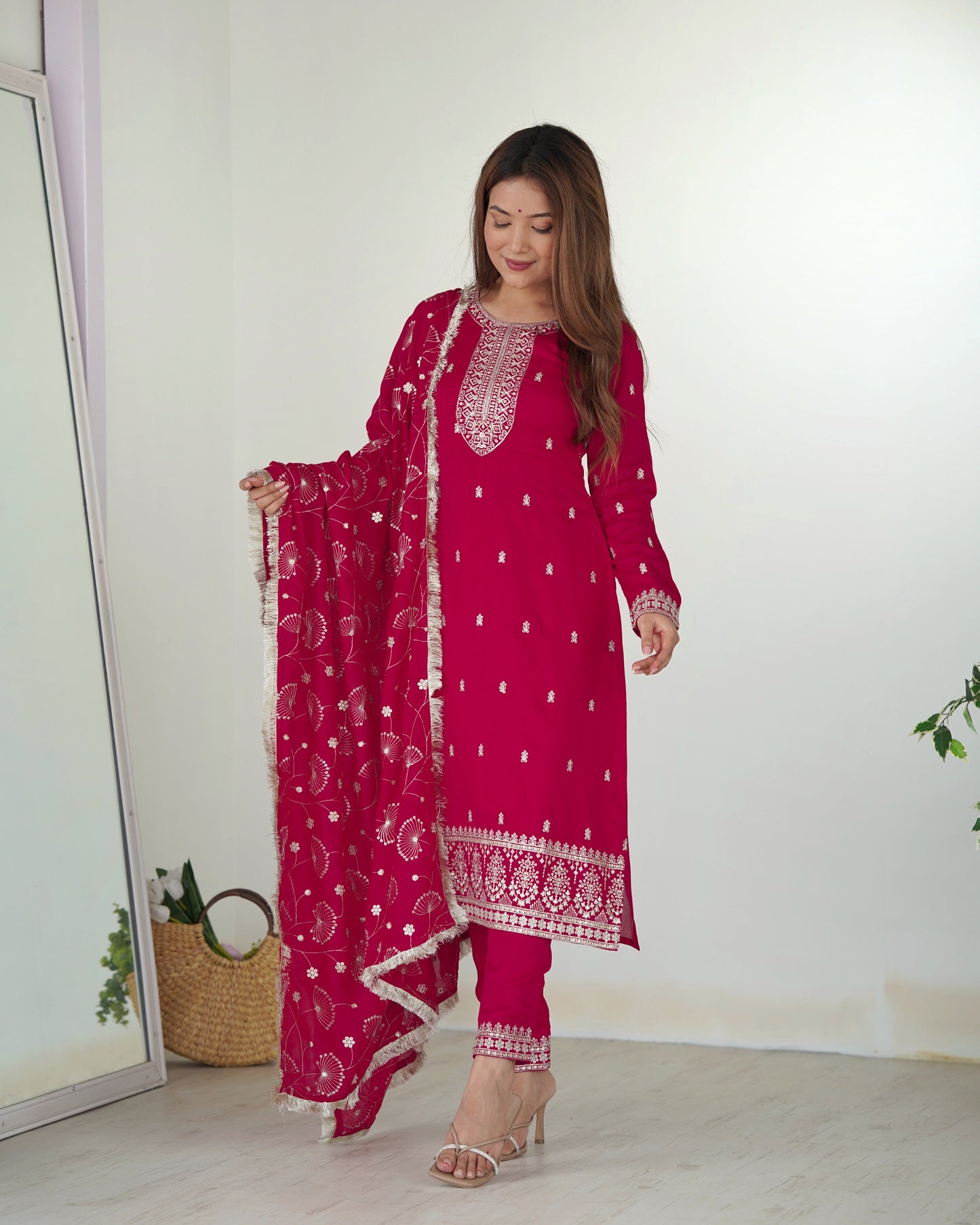 pink embroidered kurta set