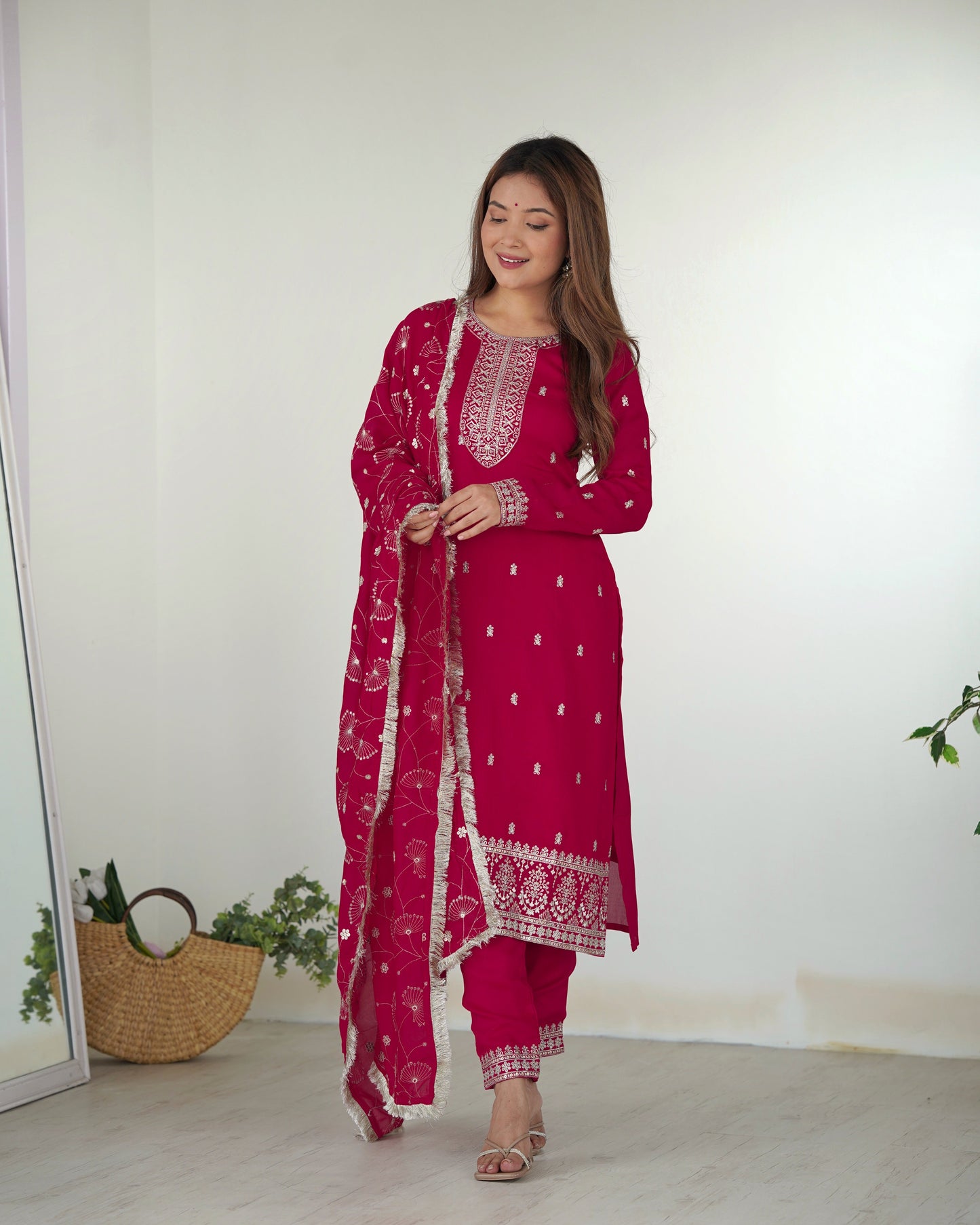 pink embroidered kurta set