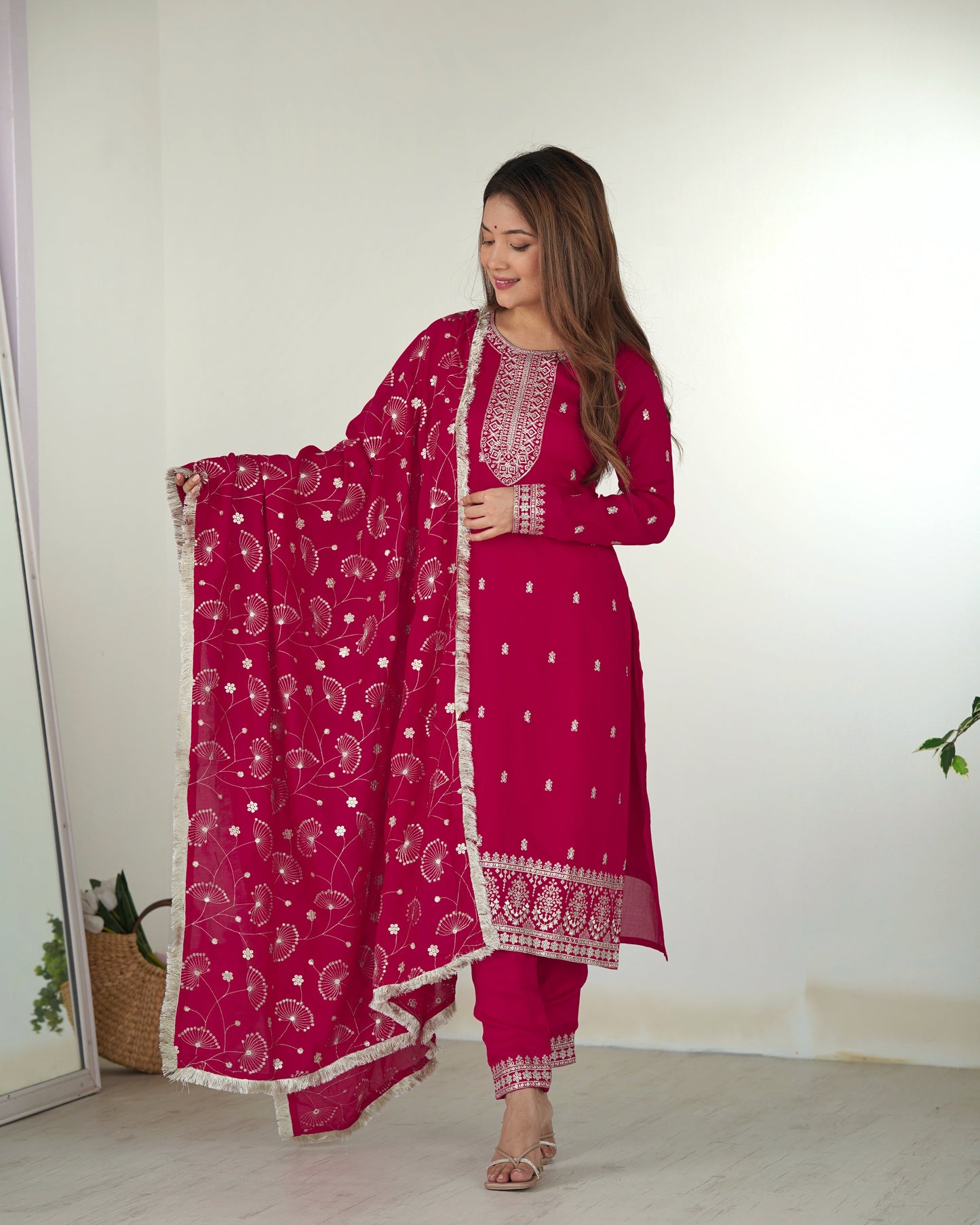 pink embroidered kurta set