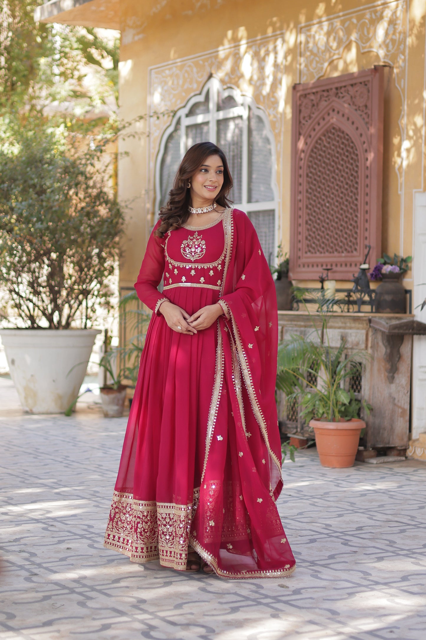 pink embroidered work gown