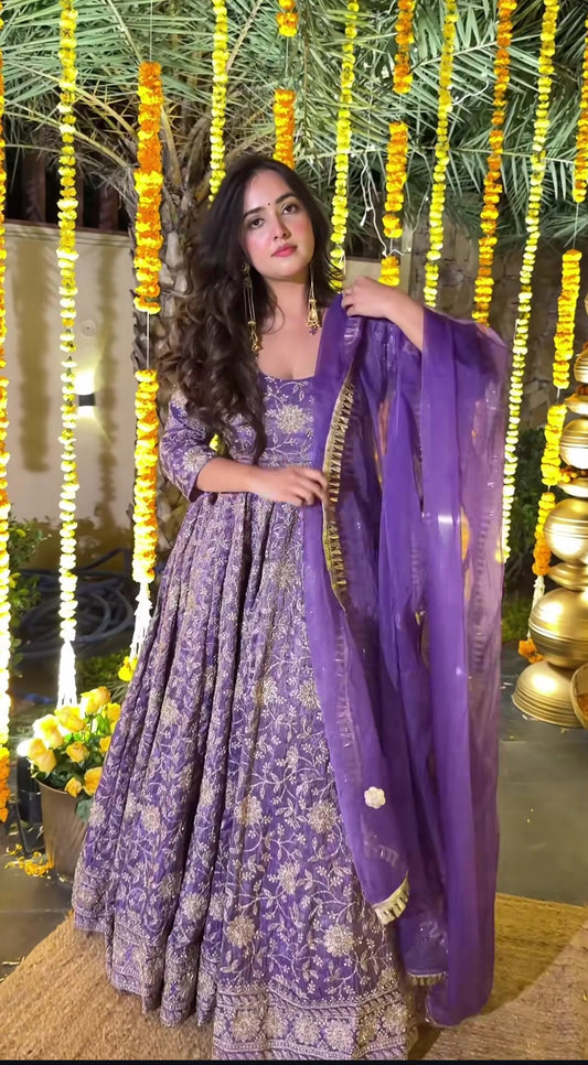 Purple Embroidered Anarkali Suit with Organza Dupatta for Wedding