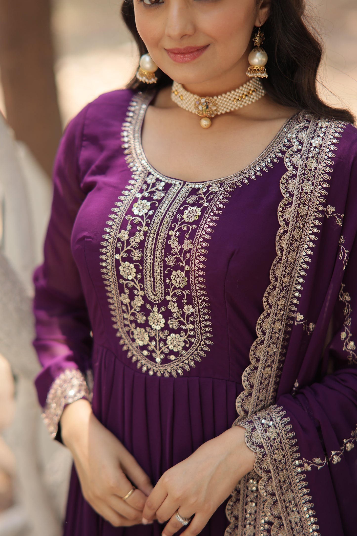 purple embroidered georgette gown with dupatta